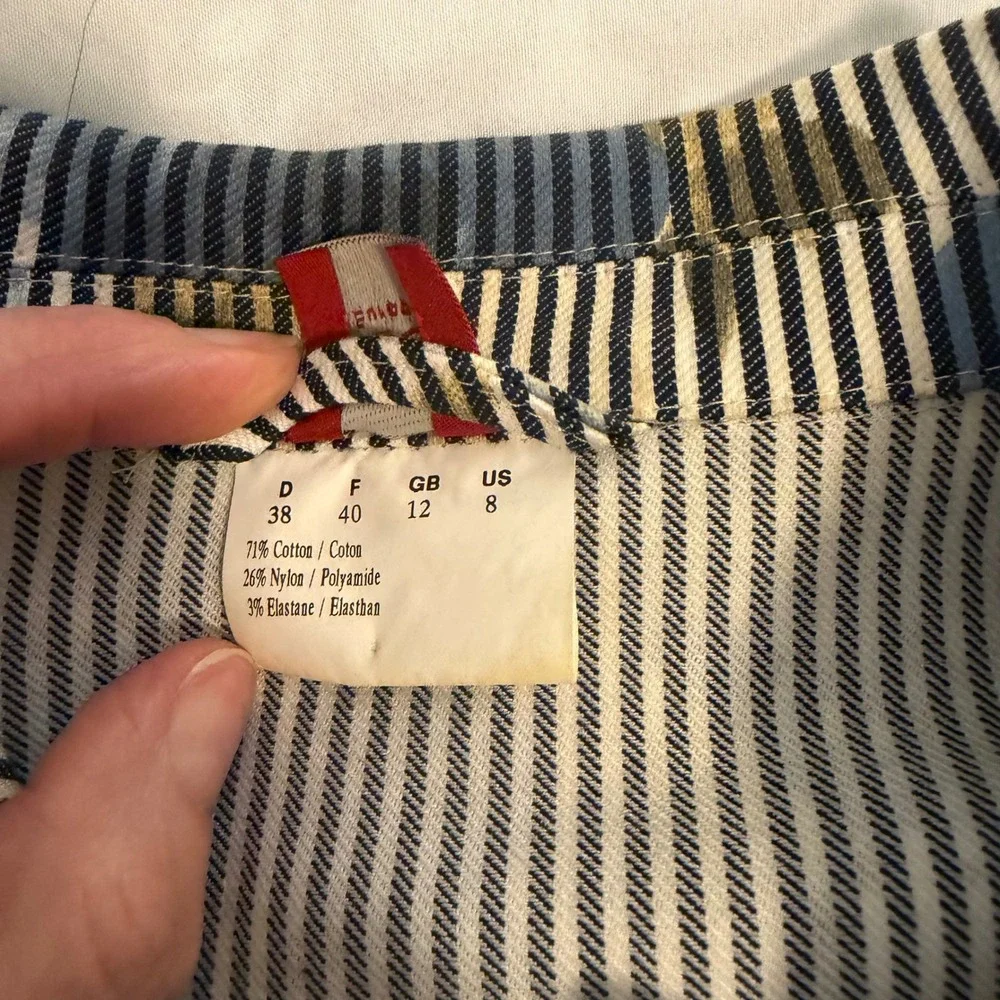 Olsen Europe Womens Blue White Pinstripe Floral Button Front Jacket US 8